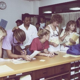 Historical image of students enrolling