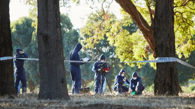 Forensic science students investigating an outdoor crime scene