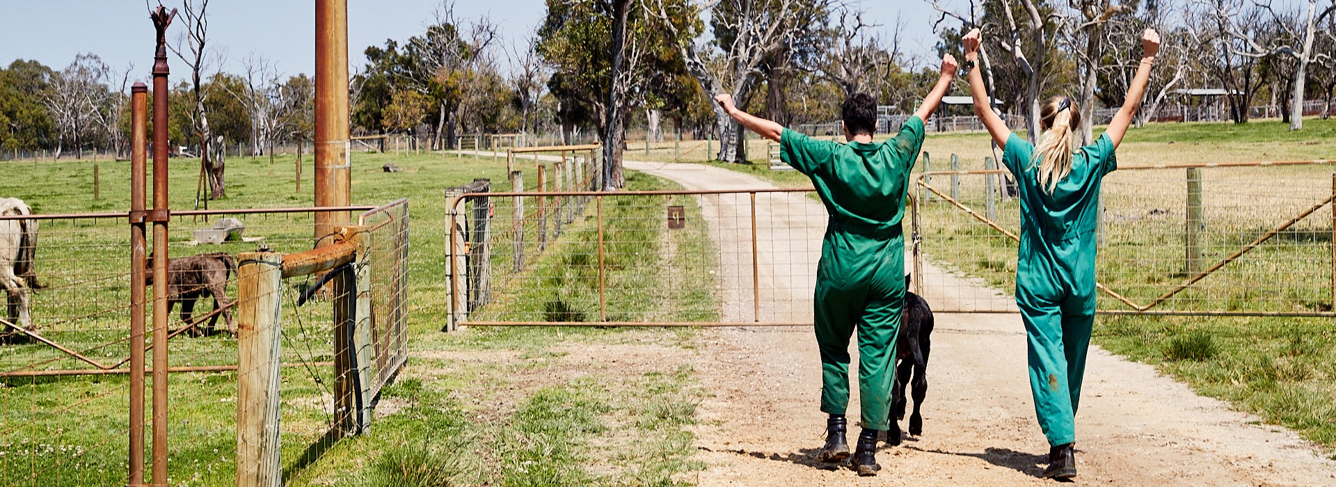 Two vet students walking behind a small goat with their arms raised in victory.