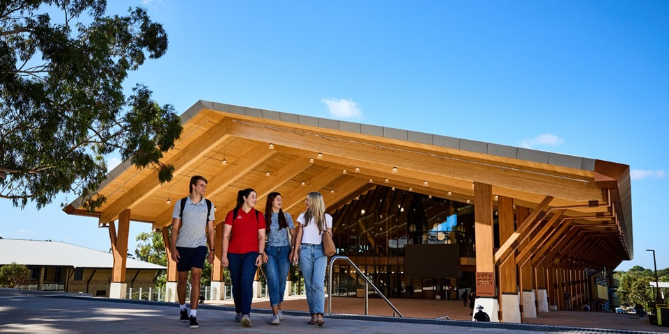 Group of students walking away from Boola Katitjin