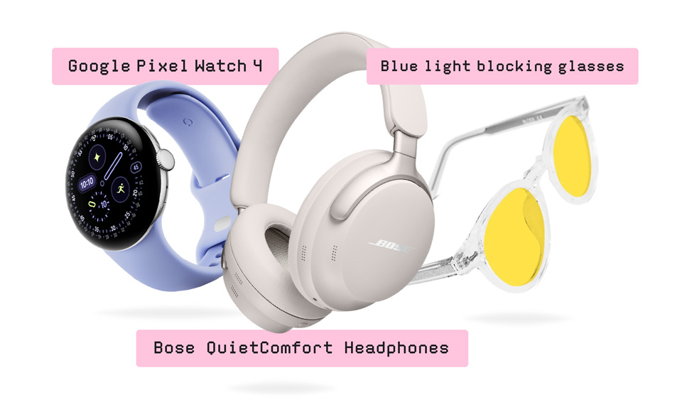 Purple smart watch, headphones and yellow glasses