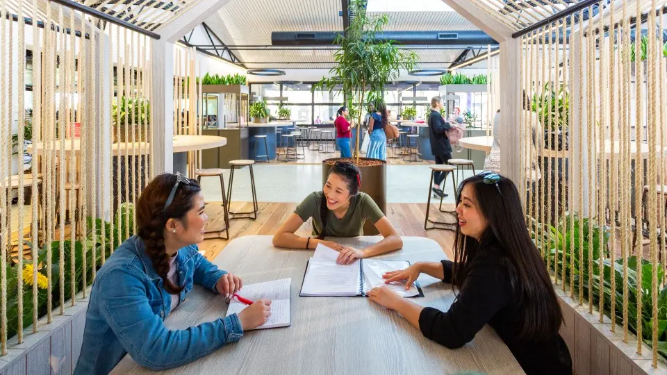 Three students sitting at a table in the Murdoch Student Hub.