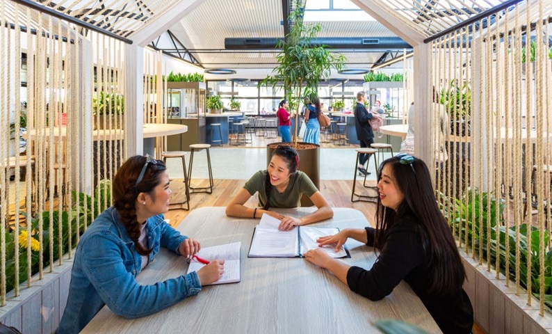 Three students sitting at a table in the Murdoch Student Hub.