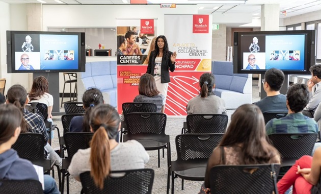 A presenter running a careers event at Murdoch Launchpad.