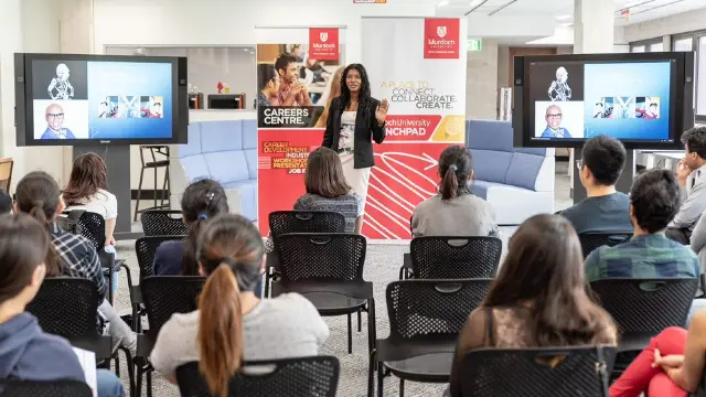A presenter running a careers event at Murdoch Launchpad.