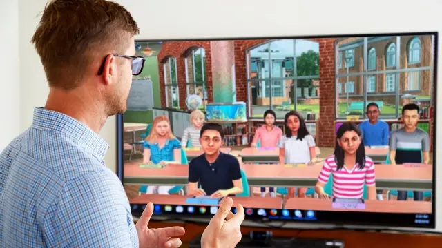 A male teaching student is leading a class using the Simlab virtual reality program.