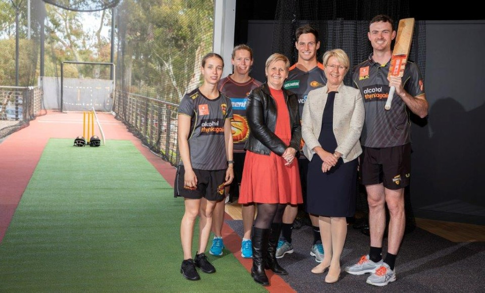 WACA players Chloe Piparo and Ashton Turner with WACA CEO Christina Matthews and Murdoch Vice Chancellor Eeva Leinonen.