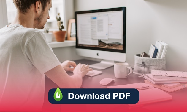 Man typing on desktop computer with the heading "Download PDF" overlaid