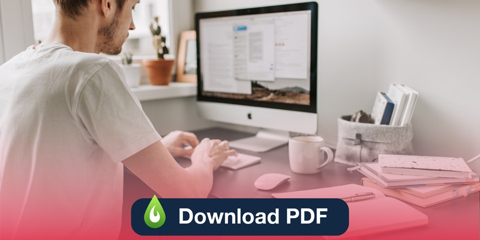 Man typing on desktop computer with the heading "Download PDF" overlaid