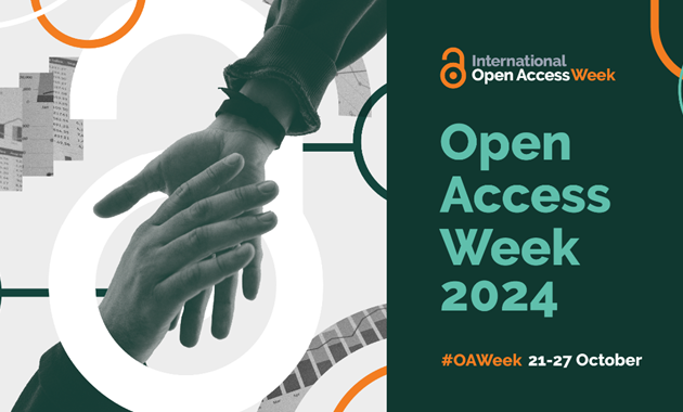 Hands reaching out to each other amongst the OA symbol, with the text: International Open Access Week 2024; #OAWeel; 21-27 October.