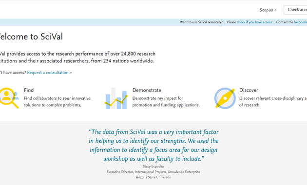 Scival database homepage screenshot