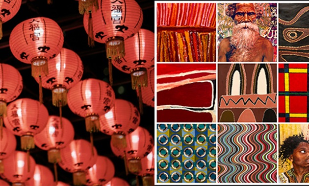 Chinese laterns, Aboriginal artwork montage