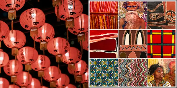 Chinese laterns, Aboriginal artwork montage