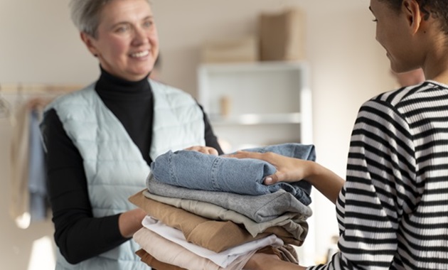 one woman passing a pile of folded clothes to another woman