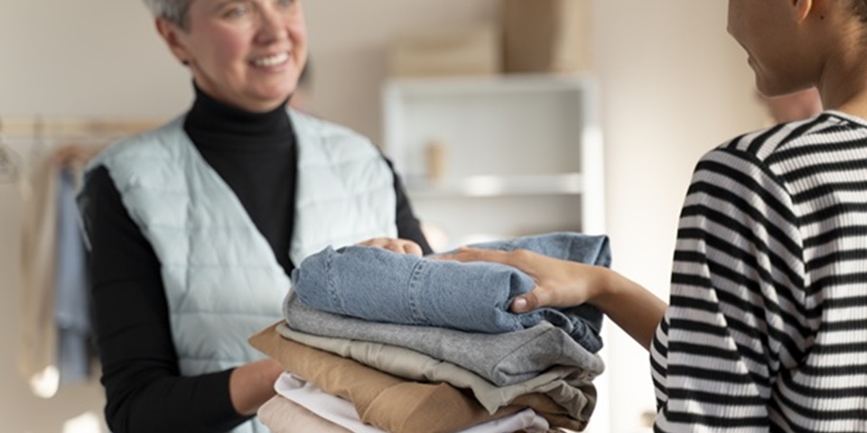 one woman passing a pile of folded clothes to another woman