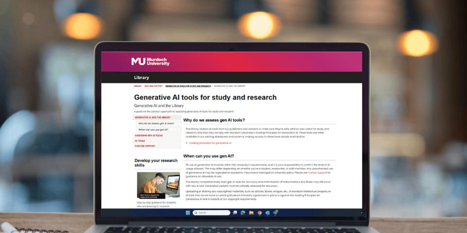 Laptop screen open to the Murdoch Library AI guide