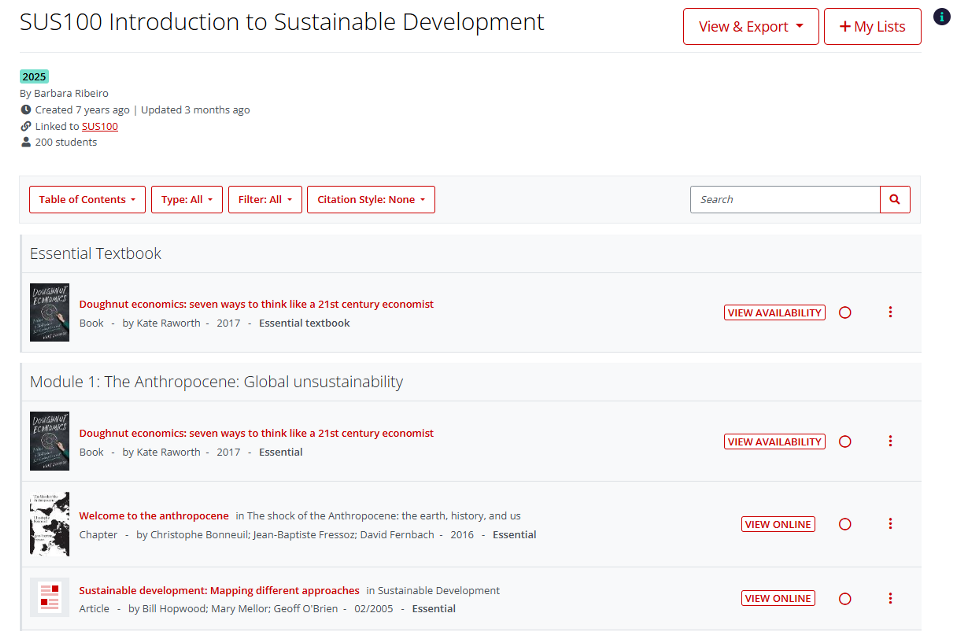The My Unit Readings page for SUS100 Introduction to Sustainable Development