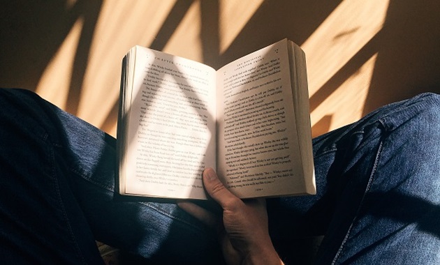 A person sits cross legged in dappled shade, reading a fiction book