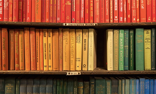 Rows of coloured books on shelves