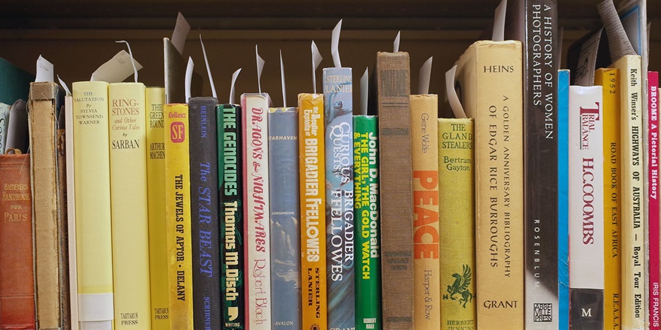 Books on a shelf in the special collections area