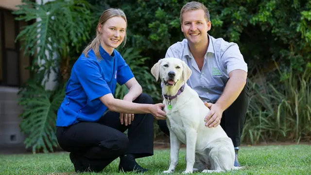 Two Animal Hospital staff members pose with a labrador