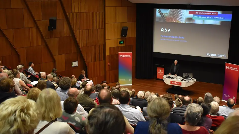 A crowd watches the 2024 Keith Roby Memorial Lecture