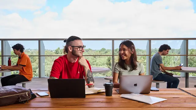 BK rooftop, two students studying