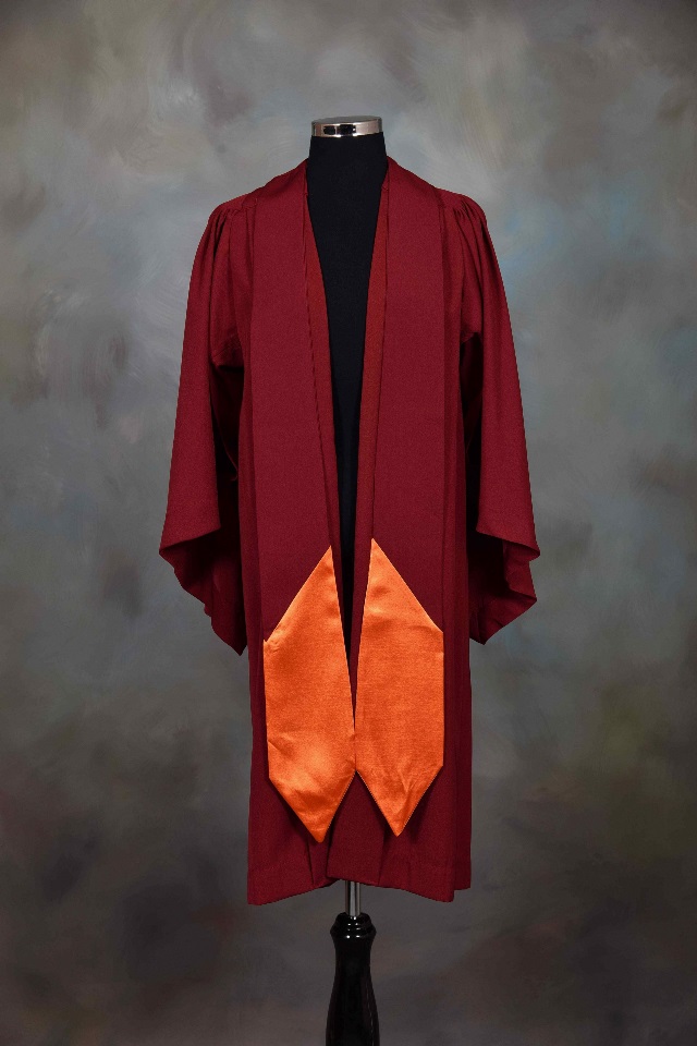 Front view of a graduate certificate/diploma graduation gown