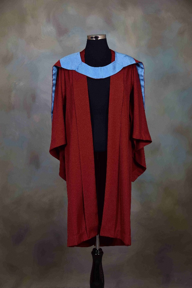 Front view of Masters graduation gown