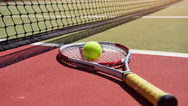 Tennis ball and racquet sitting on tennis court