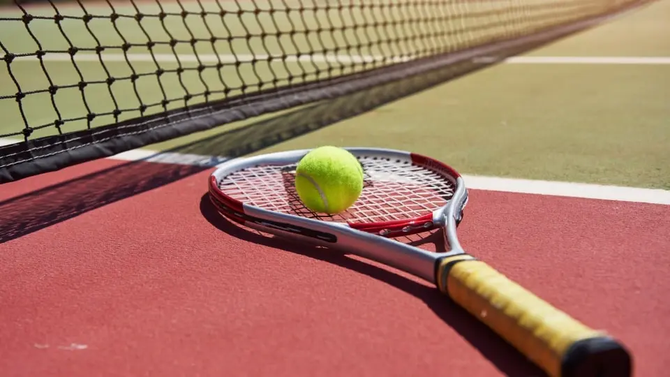 Tennis ball and racquet sitting on tennis court