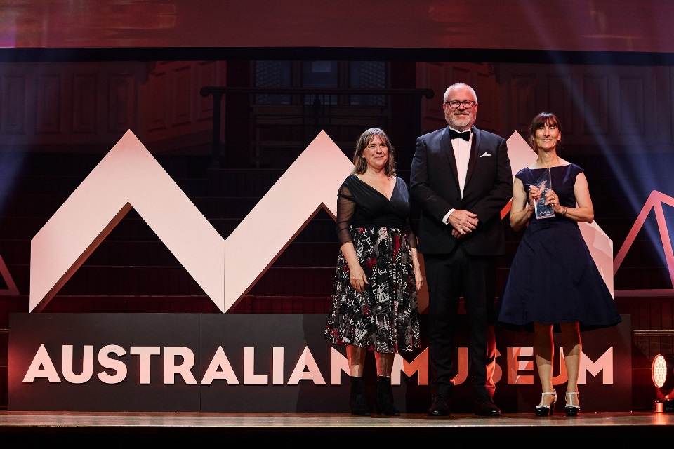 Grey Coupland and Treena Burgess accepting the 2026 Eureka Science prize on stage, Grey Coupland and Treena Burgess accepting the 2026 Eureka Science prize on stage,
