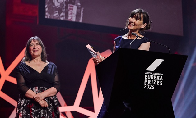 Grey Coupland wins the 2026 Eureka Science Prize on stage.