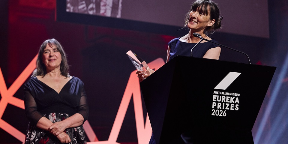 Grey Coupland wins the 2026 Eureka Science Prize on stage.
