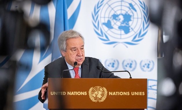 Antonio Guterres, United Nations Secretary-General, speaking during a press stake-out, Human Rights Council 55th Session, Palais des Nations, Geneva, Switzerland - 26 Feb 2024. UN Photo /Pierre Albouy
