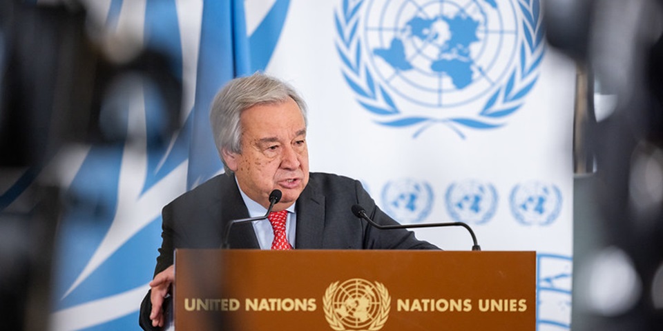 Antonio Guterres, United Nations Secretary-General, speaking during a press stake-out, Human Rights Council 55th Session, Palais des Nations, Geneva, Switzerland - 26 Feb 2024. UN Photo /Pierre Albouy