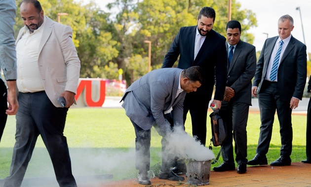 His Excellency Karim Badawi, Egypt’s Minister of Petroleum and Mineral Resources, and the first cohort of MRMIA professionals were welcomed to Murdoch University with a traditional smoking ceremony by Olman Walley.