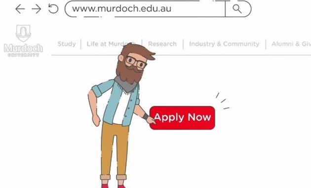 An animated character selects 'apply now' with his hand