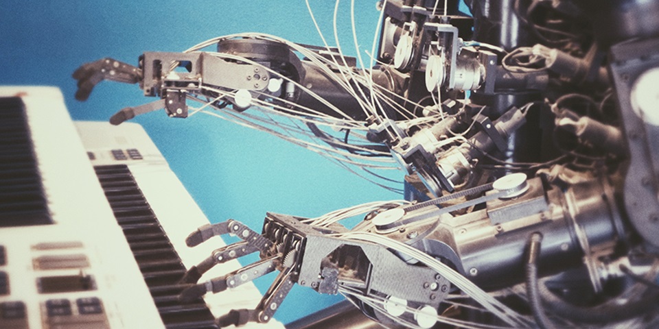 Artificial Intelligence Robot hands playing piano