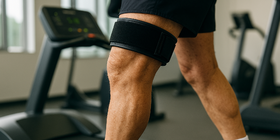Closeup of leg with blood flow restriction cuff