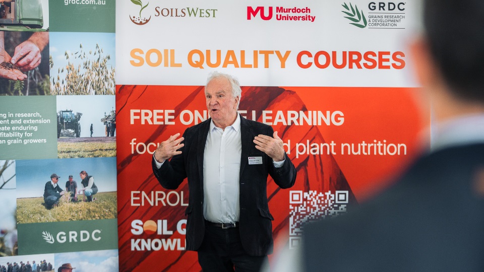 Professor Peter Davies announcing the project at Dowerin Machinery Field Days Professor Peter Davies announcing the project at Dowerin Machinery Field Days.