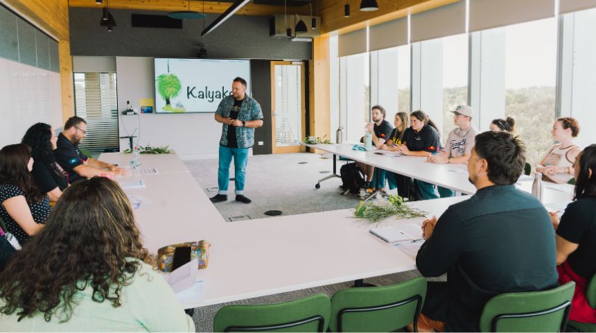 Dylan Collard teaching Noongar Language lessons to a class of people at Murdoch University