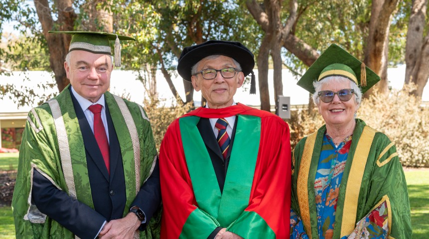 Emeritus Professor Goen Ho, Honorary Doctor of Science (centre) with Vice Chancellor Professor Andrew Deeks and Chancellor Gail McGowan.