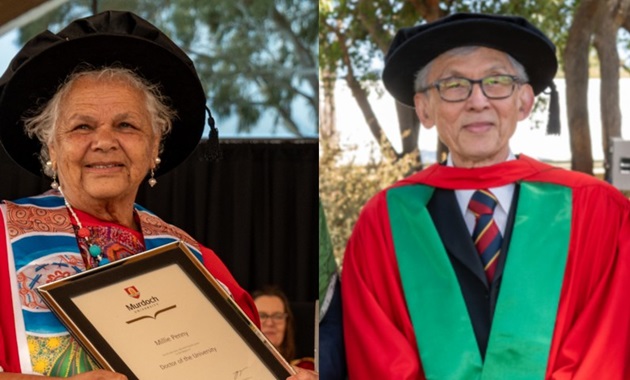 Image of Aunty Millie Penny, cropped on the left, and Emeritus Professor Goen Ho, cropped on the right.