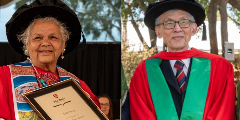Image of Aunty Millie Penny, cropped on the left, and Emeritus Professor Goen Ho, cropped on the right.