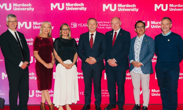 L-R Philip Poole, Jonica Newby, Clothilde Bullen, Roger Cook, Murdoch Vice Chancellor Andrew Deeks, Danny Loong, Rupert Woods web