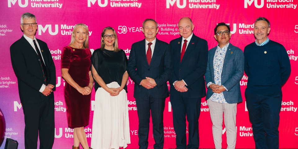 L-R Philip Poole, Jonica Newby, Clothilde Bullen, Roger Cook, Murdoch Vice Chancellor Andrew Deeks, Danny Loong, Rupert Woods web