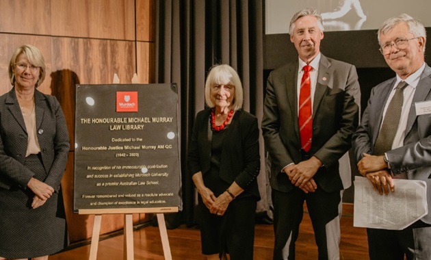 Murdoch University VC, Chancellor, Emeritus Professor and Justice Murray's wife stand by plaque