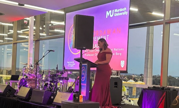 Pro Vice Chancellor First Nations Professor Chanelle van den Berg giving her address at the Boordawan Movement launch gala.