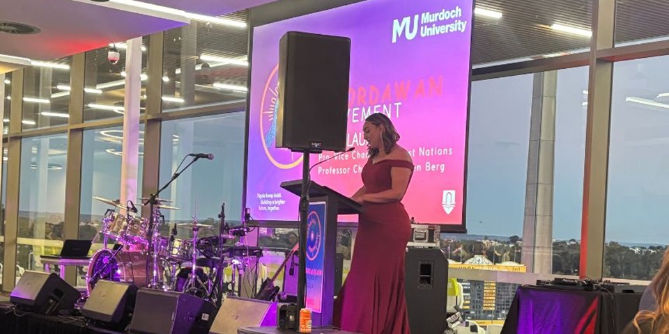 Pro Vice Chancellor First Nations Professor Chanelle van den Berg giving her address at the Boordawan Movement launch gala.